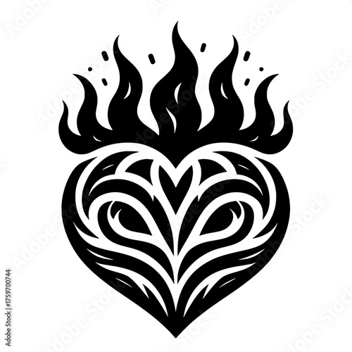 Black and White Vector Silhouette of Heart with Flame Emoji