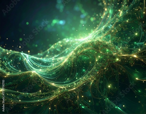 Abstract swirling green and gold light forms, with bokeh effect
