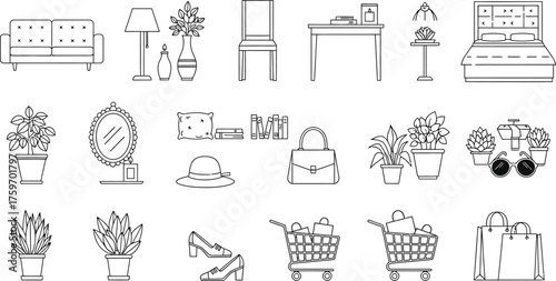 Collection of minimalist line art illustrations isolated on white background featuring home decor and furniture elements, including sofas, lamps, tables, chairs, beds, plants, and accessories, creatin