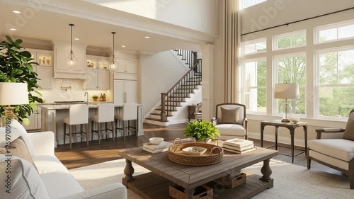 Spacious open concept living room and kitchen with modern farmhouse style