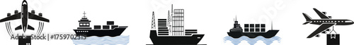 Icons of transportation: an airplane, cargo ship, and container ship, depicting various modes of shipping and logistics on water and air.