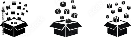 Three black icons depicting a box releasing smaller boxes, symbolizing packages, gifts, or deliveries.