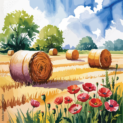 Autumn field with hay bales and pumpkins