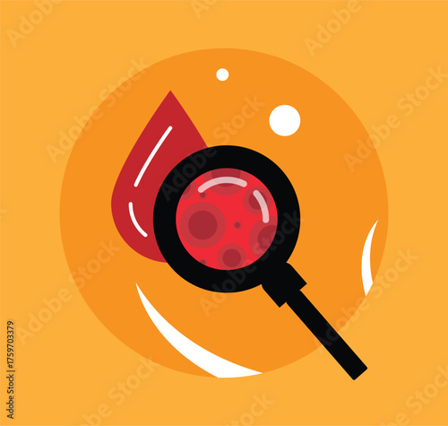 Blood Analysis Idea with Drop and Magnifying Glass Colorful Background. Health care and medicine idea vector art