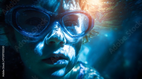 Wallpaper Mural Child wearing goggles underwater with sunbeams breaking through water. Torontodigital.ca