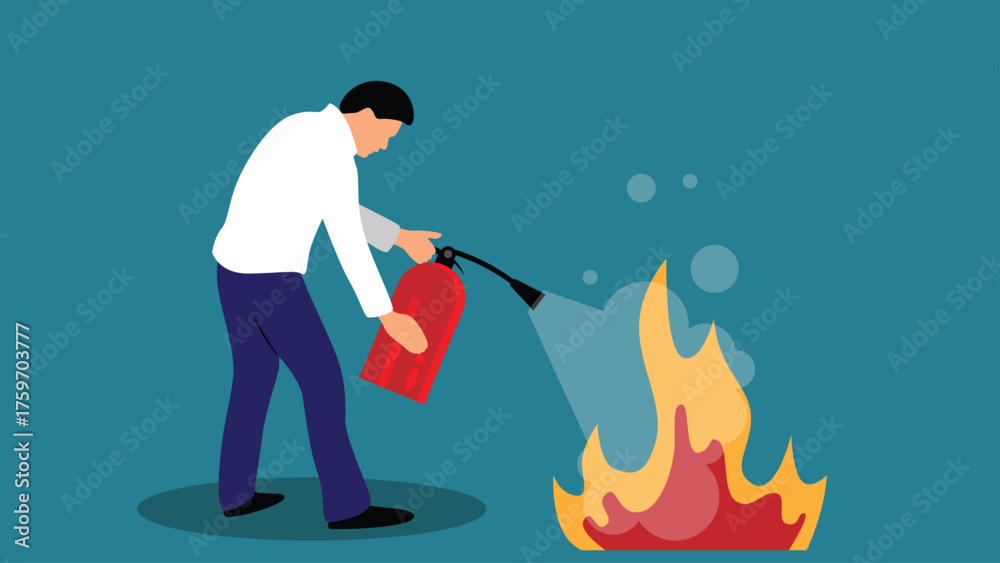 Naklejka premium Man Extinguishing Fire Flat Style. Accidents and disasters vector art, people solving problems metaphor
