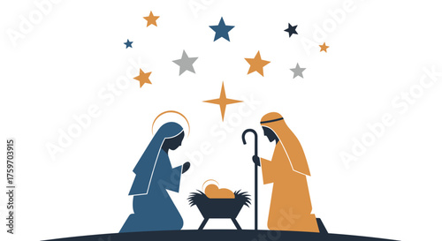 Elegant Nativity scene silhouette with stars celebrating Christmas holy night illustration