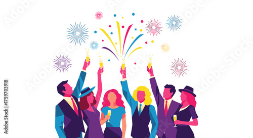 Celebrating success with champagne and vibrant fireworks, perfect for New Year's themes