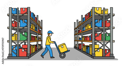 Warehouse worker moving stock with hand truck, fulfillment logistics, vector illustration