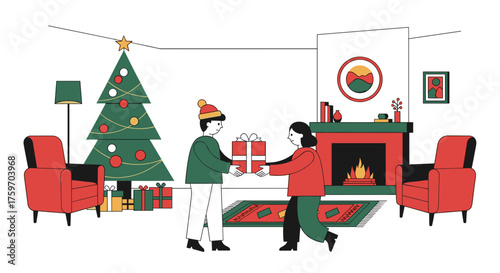 Giving gifts by the fireplace Christmas morning brings joy and warmth to the holiday season