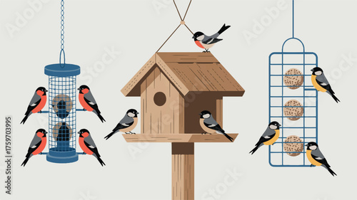 A flat, minimalist illustration of three bird feeders arranged horizontally 
