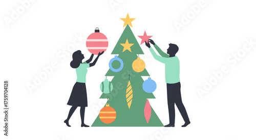 Couple decorating the Christmas tree with ornaments, celebrating holiday cheer together