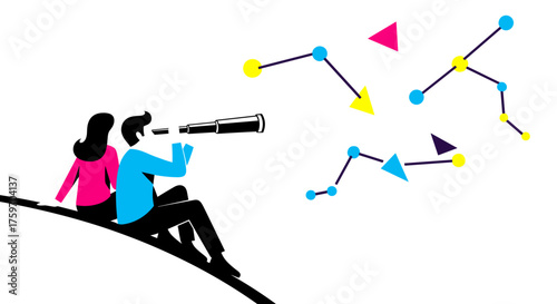 Couple stargazing with telescope: Discovering cosmic wonders and celestial connections together