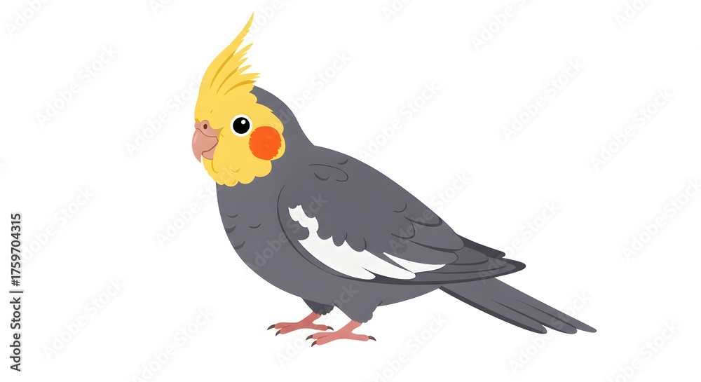 Fototapeta premium Cartoon-style cockatiel with grey body, yellow face and crest, standing, isolated on white