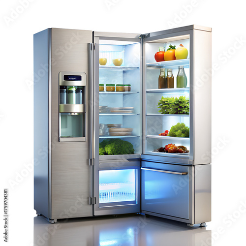 Modern stainless steel side by side refrigerator with open doors and illuminated interior isolated on transparent background