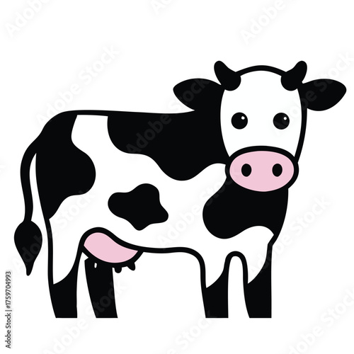 Simple Cartoon Cow Vector Illustration with Pink Udder and Black and White Holstein Pattern