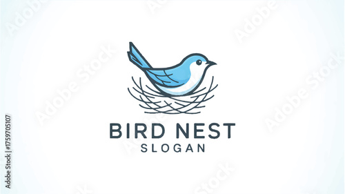 A minimalist logo design featuring a stylized blue bird perched on a nest made of thin black lines.  
