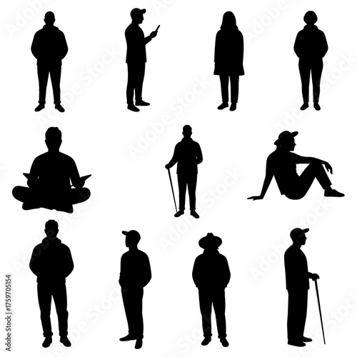 Set of silhouettes of men and women of different ages — standing, sitting, walking, with a phone or cane. Minimalist black figures on transparent background for architectural visualization and creativ