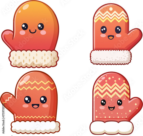 Cute kawaii mittens with smiling faces and warm patterns, perfect for winter adventures