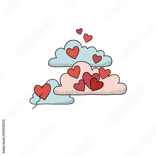 Hearts in the Clouds Doodle. Romantic Dreamy Sky Sketch. Valentine's Day Love Art. Hand Drawn Illustration. Cute and Simple Graphic.