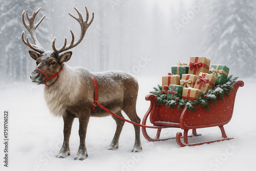 Reindeer in a serene snowy landscape pulling a traditional red wooden sled filled with beautifully wrapped christmas gifts and festive pine garland during a gentle snowfall