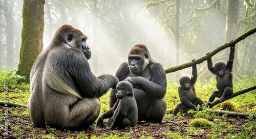  A gorilla family in misty forest clearing