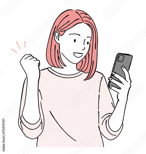 スマートフォン（スマホ）を見て喜ぶ女性の線画イラスト,成功,達成,嬉しい,ガッツポーズ,笑顔