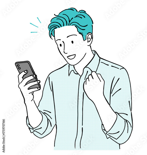 スマートフォン（スマホ）を見て喜ぶ男性の線画イラスト,成功,達成,嬉しい,ガッツポーズ,笑顔