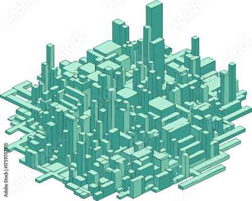 An abstract isometric rendering of a futuristic digital metropolis composed of geometric blocks and complex architectural structures