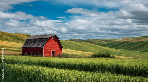 Fototapeta Naklejka Na Ścianę i Meble -  Red barn sits in a lush green field under a dramatic sky.