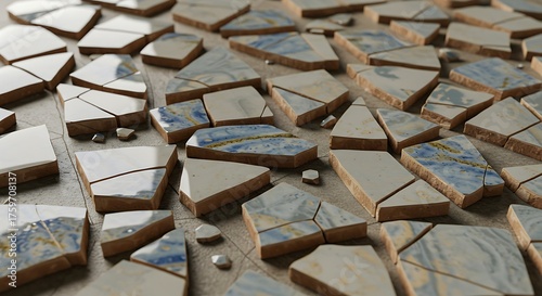 Scattered Ceramic Shards: Abstract Mosaic of Broken Tiles with Blue and Gold Veins