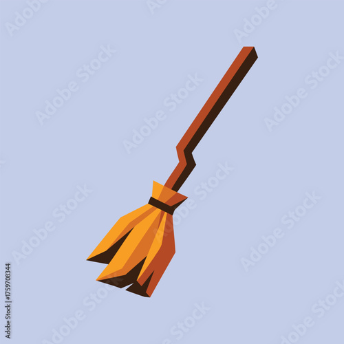 Flying witch's broom with a brown handle and straw bristles, Halloween vector illustration
