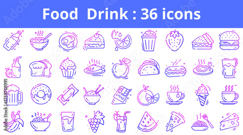 Food and drink icons in colorful line art style concept of set icon  