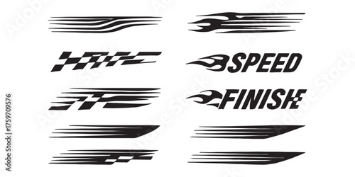 Racing cars and race car stripes set. Checkered flag, motocross labels, dynamic lines, motorsport, racing stripe speed, sport decals, tuning stickers