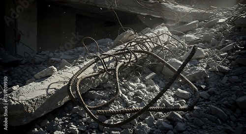 Twisted Rebar and Concrete Rubble in Dramatic Light, Dust Particles Floating in Aftermath