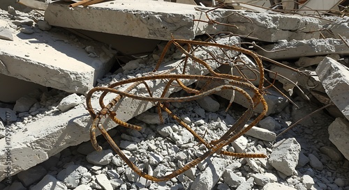 Twisted Rusty Rebar Amidst Concrete Debris and Rubble