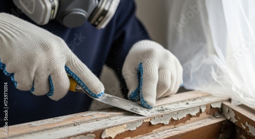 Close-up of gloved hands using tool to remove peeling lead paint from window frame while wearing protective mask. Perfect for safety, renovation, and health content. 