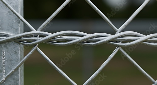 Twisted Silver Wire Fence Detail with Geometric Diamond Pattern and Blurred Green Background