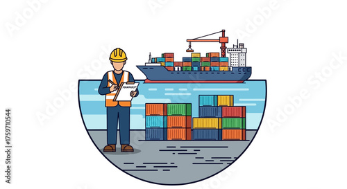 cargo manifest check port worker checking manifest against container ship overseeing cargo at a port symbolizing global trade and supply chain efficiency.
