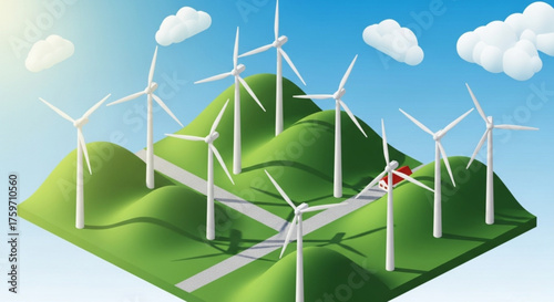 Isometric illustration of a wind farm on rolling green hills with a road winding through, set against a blue sky with clouds