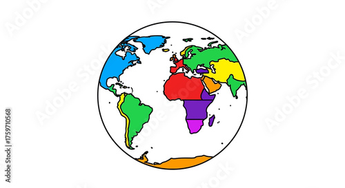 Colorful world map illustration showing continents in distinct colors visualizing global geography for educational infographics and cartography projects.