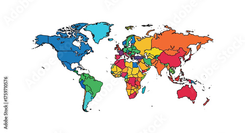 Colorful world map illustration showing geographical diversity and global interconnectedness perfect for educational materials or travel industry branding.