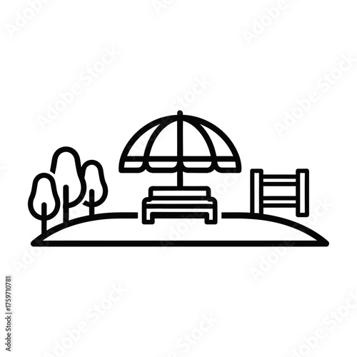 Minimalist Outline Park Landscape with Outdoor Furniture Vector Icon