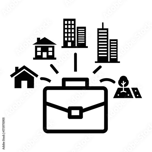 Monochrome Flat Design Icon of Briefcase and Diverse Property Assets