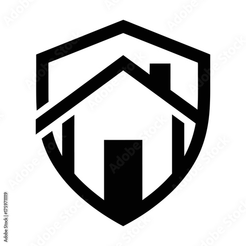 Minimalist Monochrome House Icon within Shield Design on White