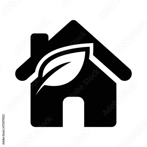 Flat Black House Icon with White Leaf for Eco-Friendly Concept
