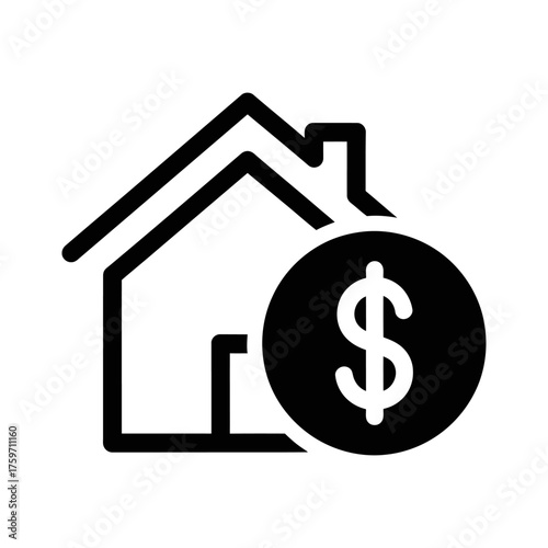 Black Outline House Icon with Dollar Sign Circle on White