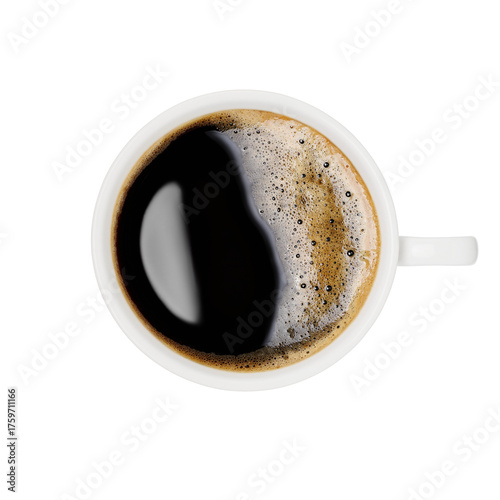 Top view of coffee with foam in ceramic cup isolated on white background
