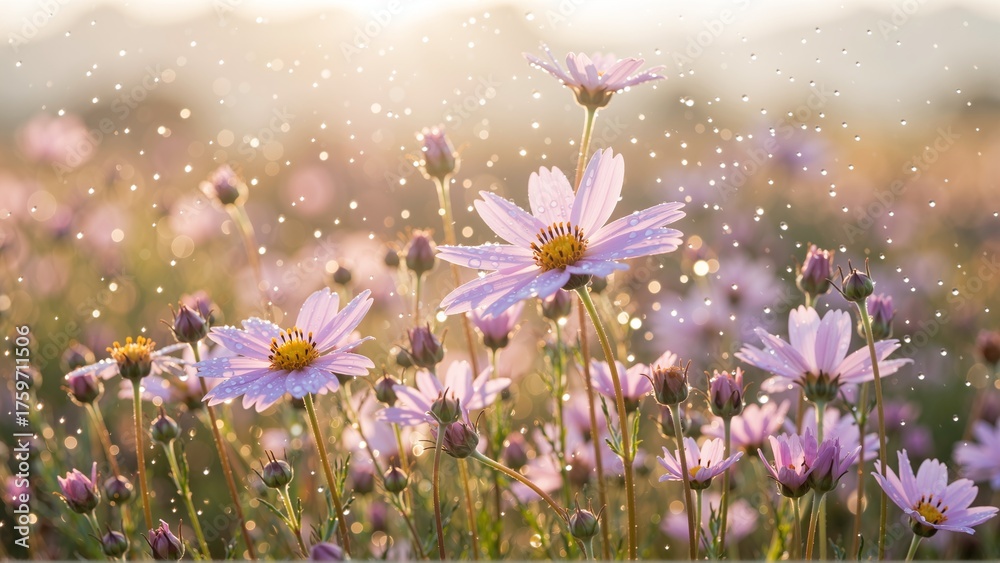 Obraz premium Delicate purple flowers bathed in sunlight, adorned with glistening water droplets creating a magical, ethereal meadow scene.