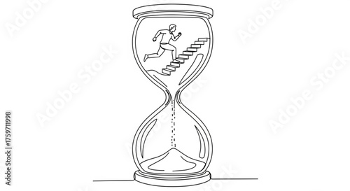 Hourglass with Man Running Up Stairs – Continuous Line Art of Time Management & Urgency